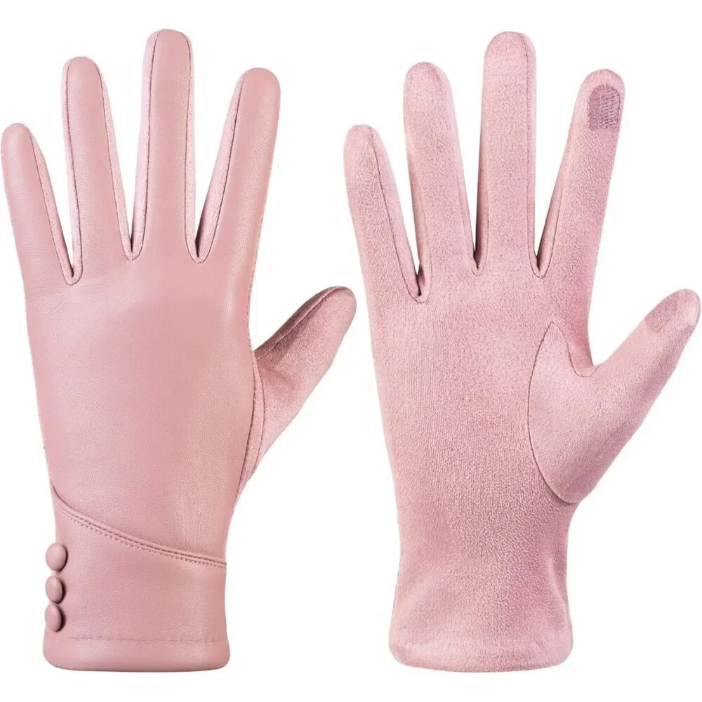 Women's Pink Winter Leather Suede Gloves Wool Lined Windproof Touchscreen